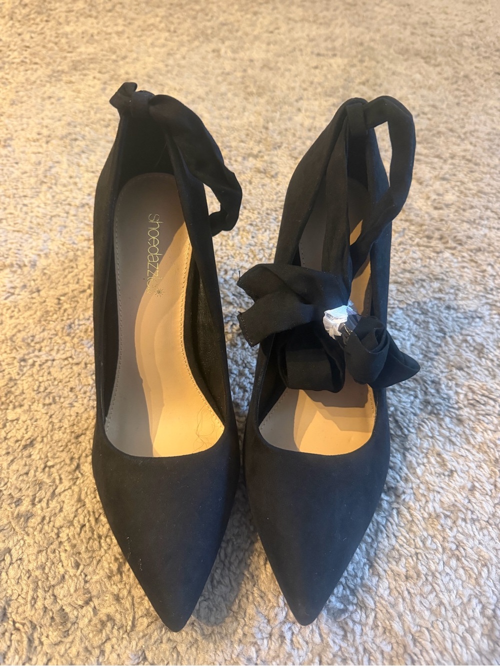 Shoe Dazzle Black Pointed-Toe Ankle Tie Pumps with Ribbon